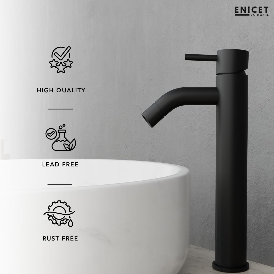 ENICET Brass Single Lever Basin Mixer with Connection Pipe, 12 Inch Tall, Made Black, Hot and Cold Water Mixer Tap, 7 Years Warranty, Bathroom Wash Basin Mixer Tap, Pillar Cock (FE142BLACK)
