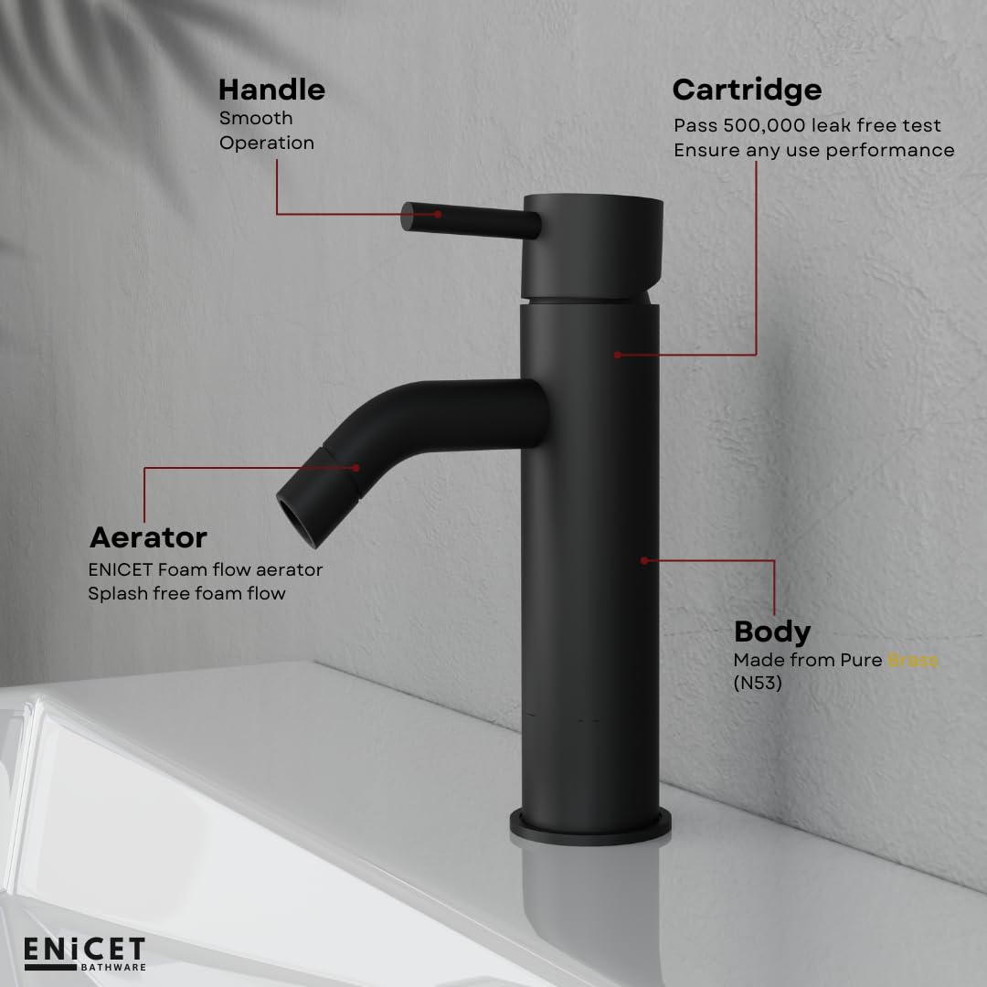 ENICET Brass Single Lever Basin Mixer with Connection Pipe, Made Black Finish, Hot and Cold Water Mixer Tap, 7 Years Warranty, Bathroom Wash Basin Mixer Tap, Pillar Cock