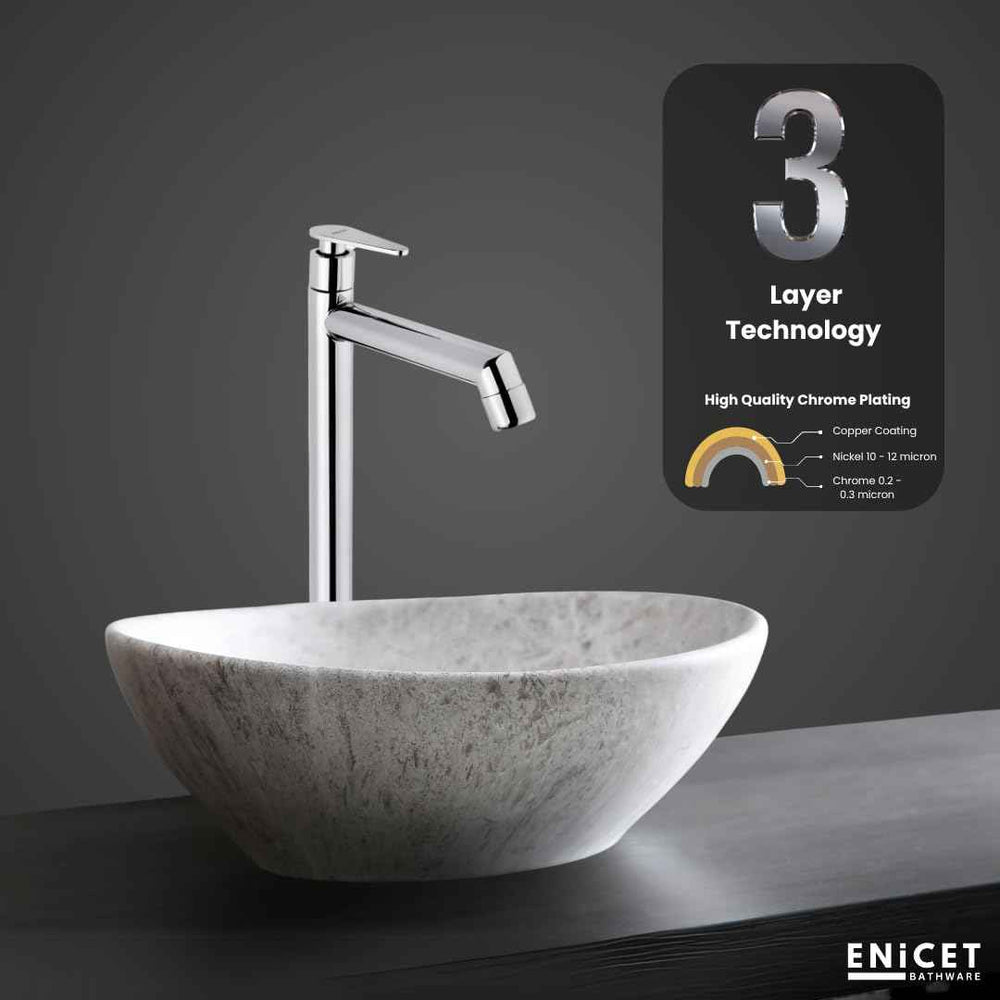 Enicet 12 Inch High Neck Pillar Tap, SS 304, Chrome Finish, 7 Years Warranty, Bathroom Table Top Wash Basin Tap for Home, 12 Inch Tall Extended Body Pillar Cock, Smooth Foam Flow (Brim Silver 02)