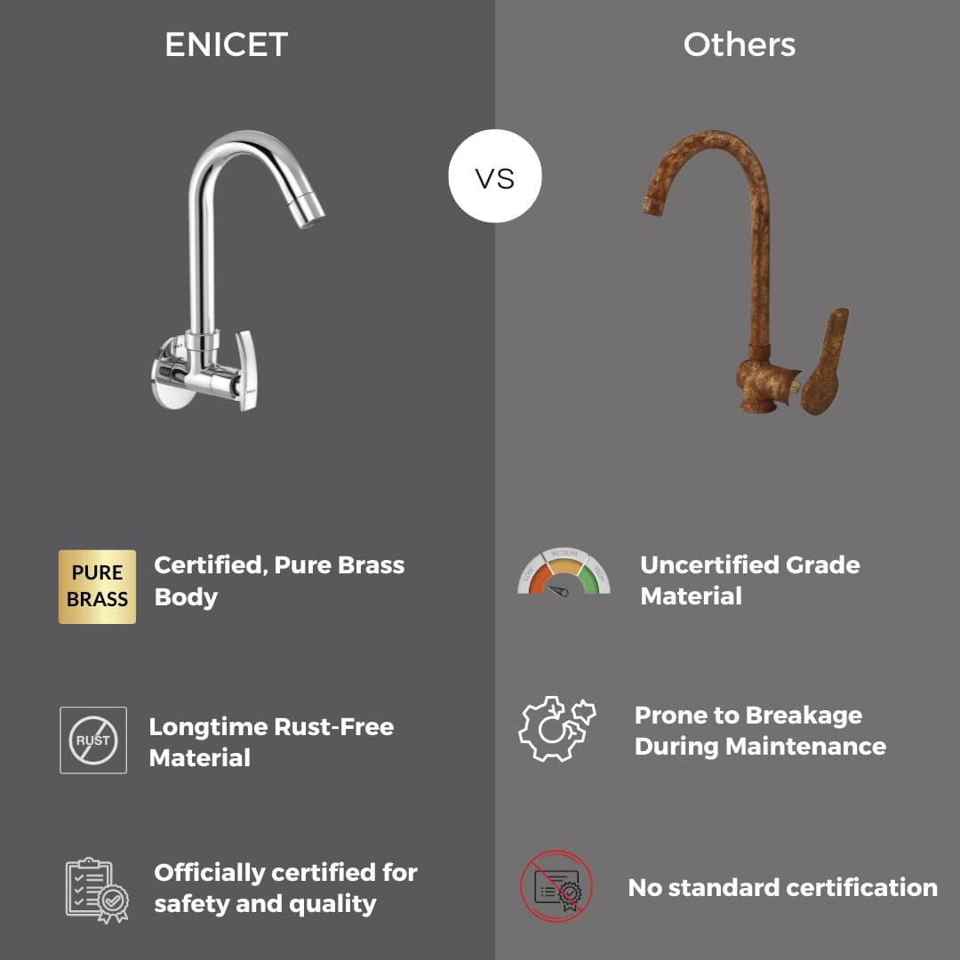 ENICET Sink Cock with Extended Spout, Chrome Finish, Silver, with Wall Flange, 360 Swivel Spout, Adjustable Angle Head, Kitchen Sink Tap, Tap for Kitchen Sink