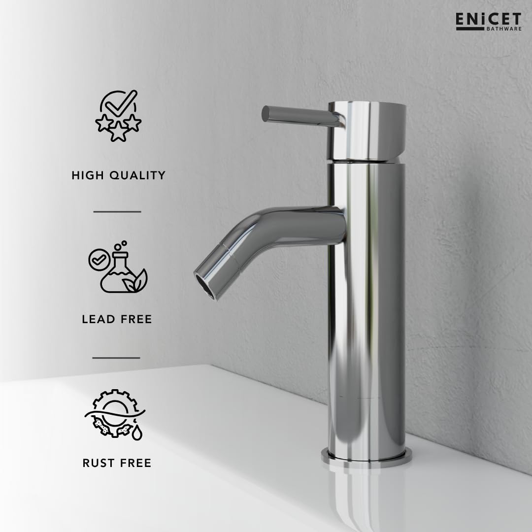 ENICET Brass Single Lever Basin Mixer with Connection Pipe, Chrome Finish, Hot and Cold Water Mixer Tap, 7 Years Warranty, Bathroom Wash Basin Mixer Tap, Pillar Cock (FE140)