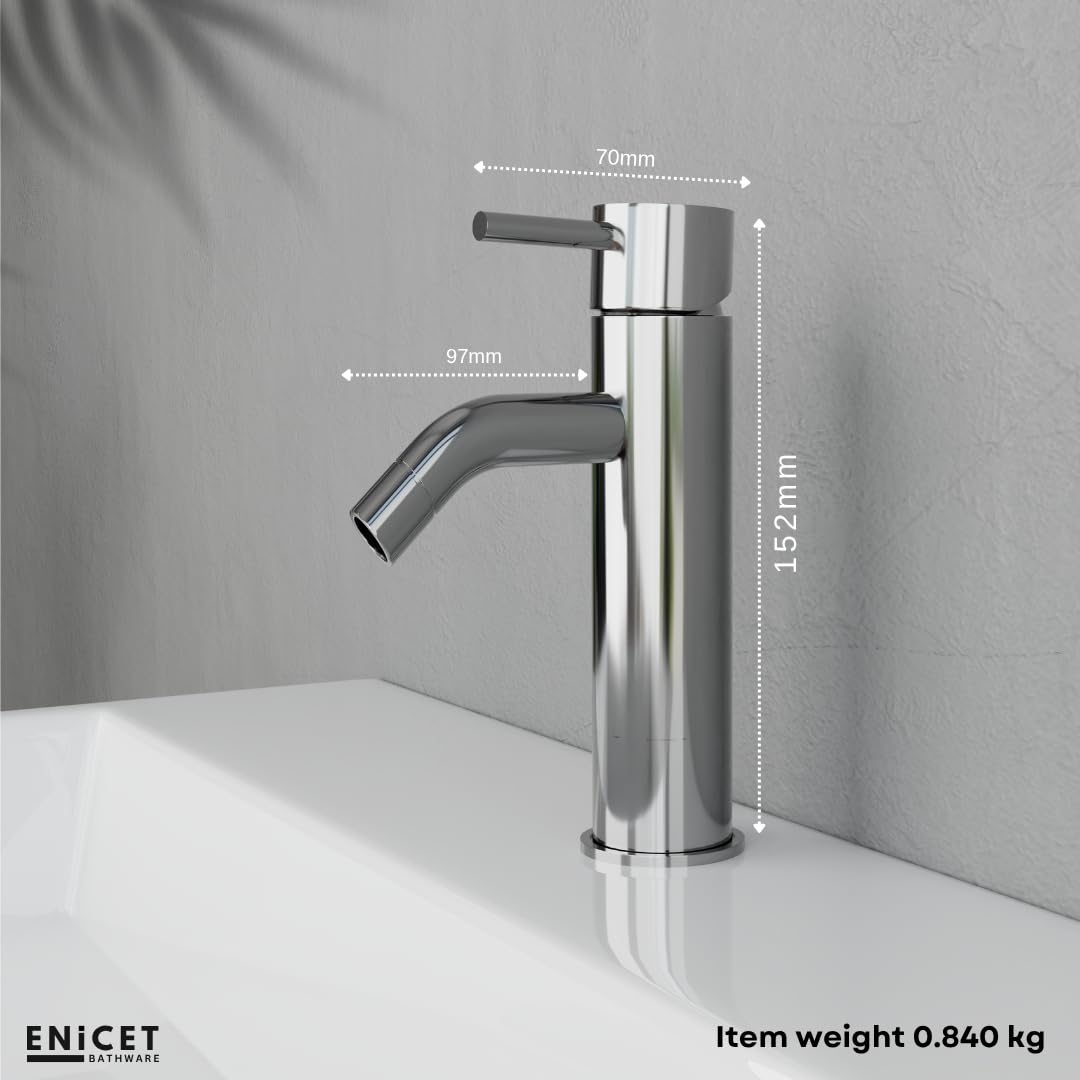 ENICET Brass Single Lever Basin Mixer with Connection Pipe, Chrome Finish, Hot and Cold Water Mixer Tap, 7 Years Warranty, Bathroom Wash Basin Mixer Tap, Pillar Cock (FE140)