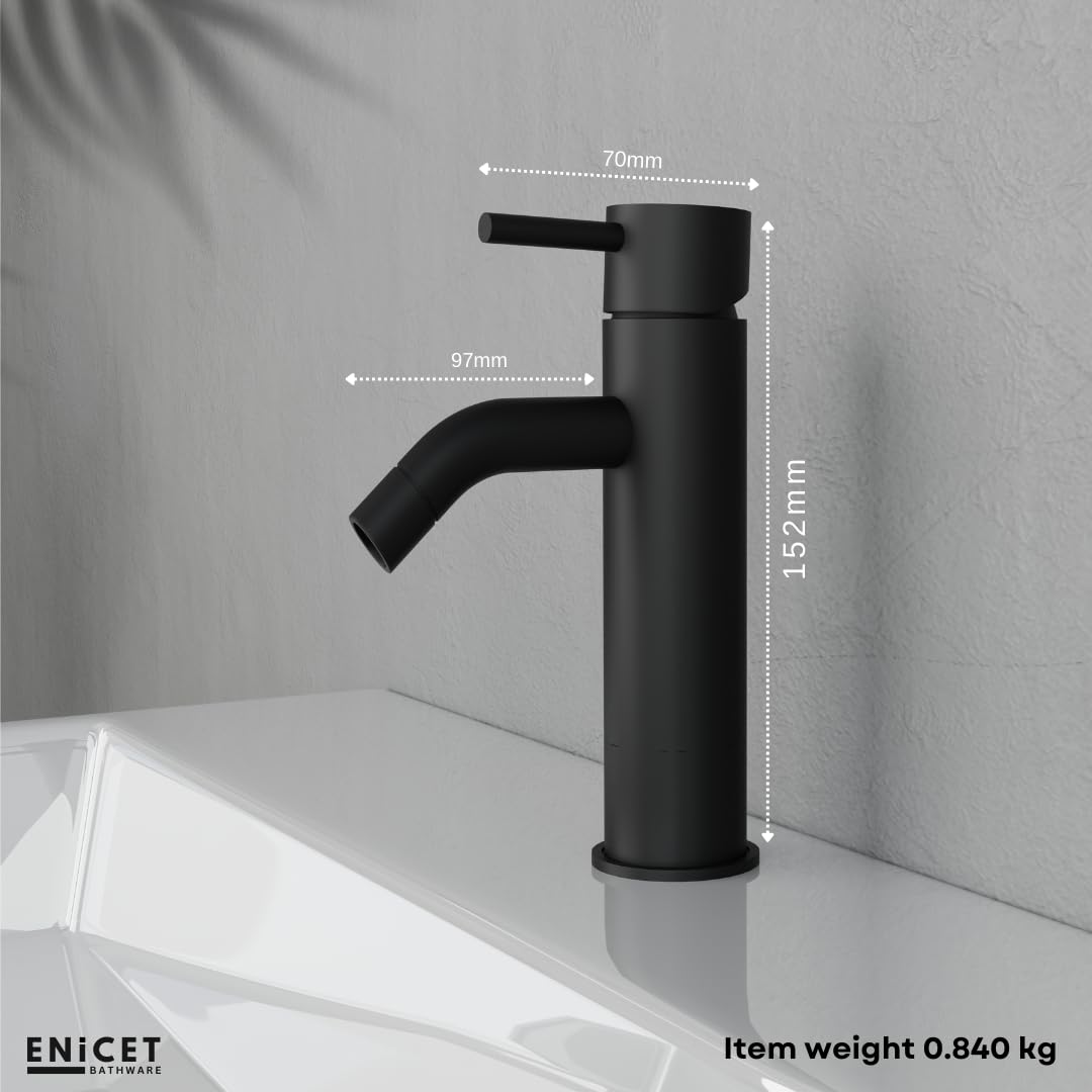 ENICET Brass Single Lever Basin Mixer with Connection Pipe, Made Black Finish, Hot and Cold Water Mixer Tap, 7 Years Warranty, Bathroom Wash Basin Mixer Tap, Pillar Cock