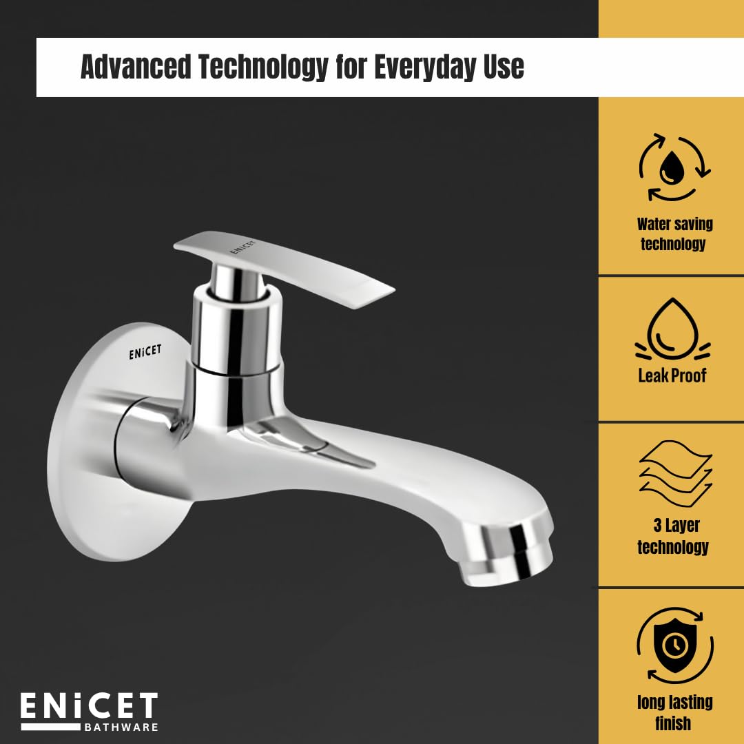 ENICET Brass Tap for Bathroom, Pack of 2, With Wall Flange, Long Body Bib Cock, Chrome Finish, 7 Years Warranty, Foam Flow, Bathroom Taps for Home, Water Tap Wall Mounted