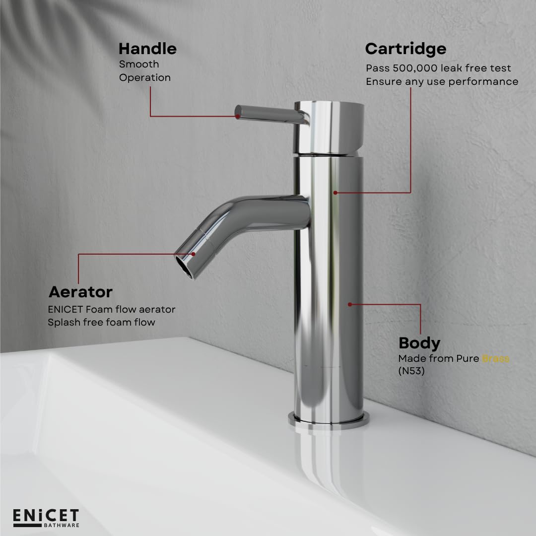 ENICET Brass Single Lever Basin Mixer with Connection Pipe, Chrome Finish, Hot and Cold Water Mixer Tap, 7 Years Warranty, Bathroom Wash Basin Mixer Tap, Pillar Cock (FE140)