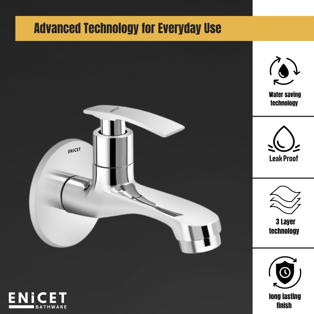 Enicet Brass Bib Cock, Bathroom Tap, with Wall Flange, Chrome Finish, Smooth Operating Handle, Long Lasting Warranty