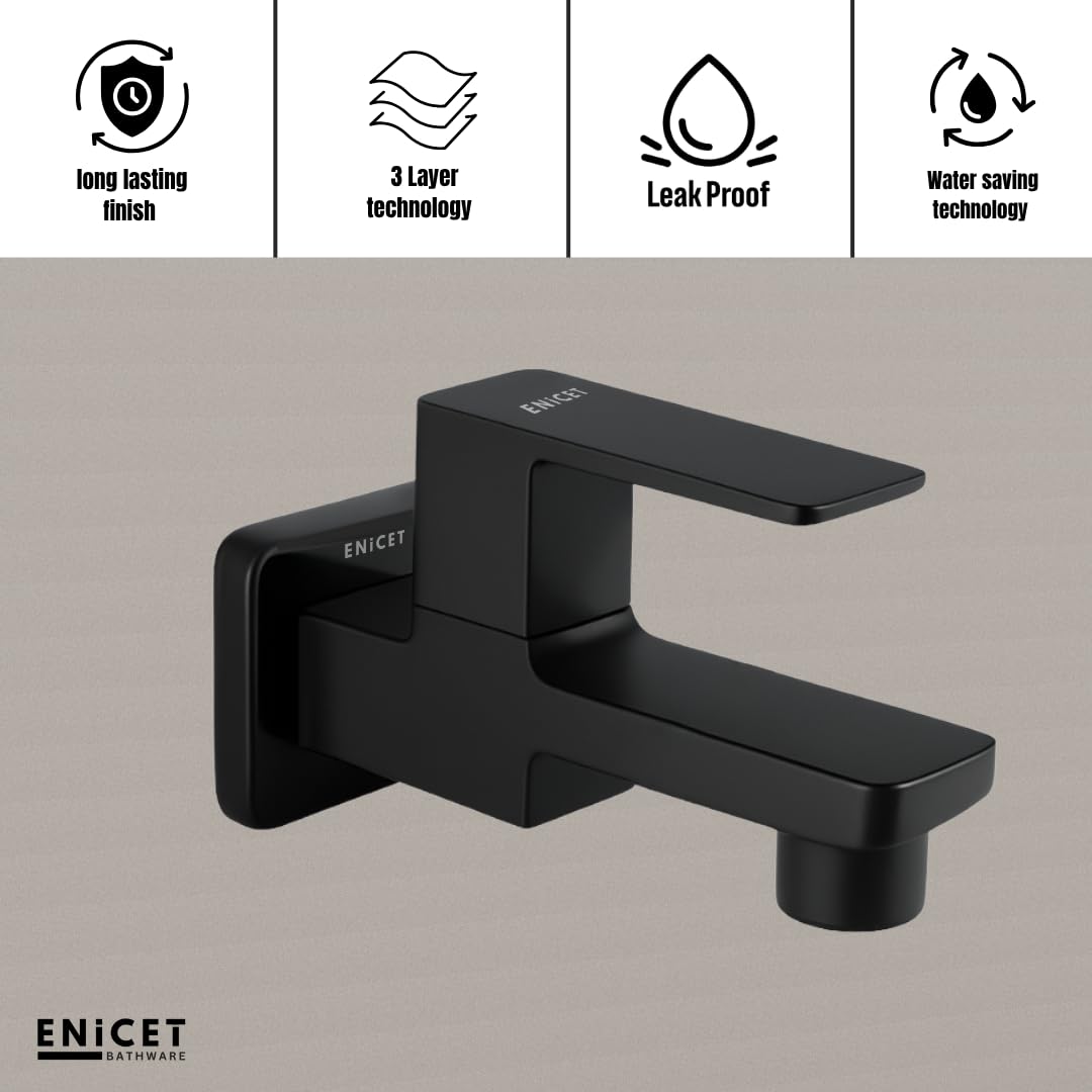 ENICET Brass Tap for Bathroom, with Wall Flange,Brass Bib Cock Short Body, Made Black, 7 Years Warranty, Foam Flow, Bathroom Taps for Home, Water Tap Wall Mounted