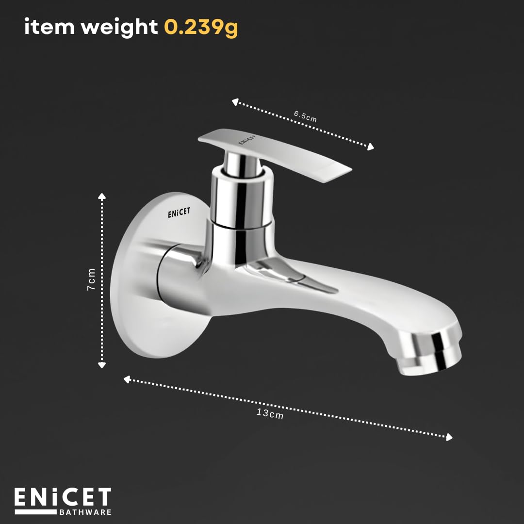 ENICET Brass Tap for Bathroom, Pack of 2, With Wall Flange, Long Body Bib Cock, Chrome Finish, 7 Years Warranty, Foam Flow, Bathroom Taps for Home, Water Tap Wall Mounted