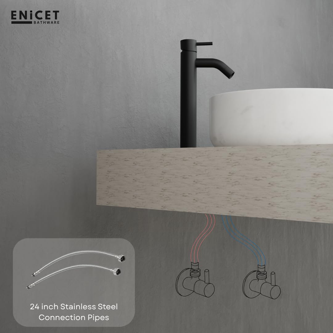 ENICET Brass Single Lever Basin Mixer with Connection Pipe, 12 Inch Tall, Made Black, Hot and Cold Water Mixer Tap, 7 Years Warranty, Bathroom Wash Basin Mixer Tap, Pillar Cock (FE142BLACK)