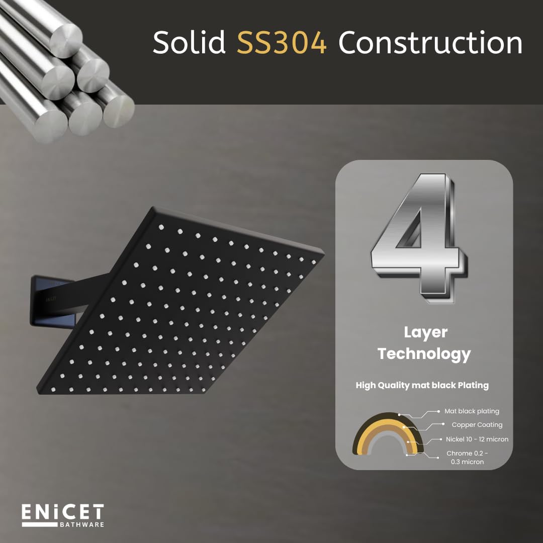 Enicet Shower With Arm, High Pressure Shower, Stainless Steel, Shower Head For Bathroom, Bathroom Shower Set Made Black 6X6