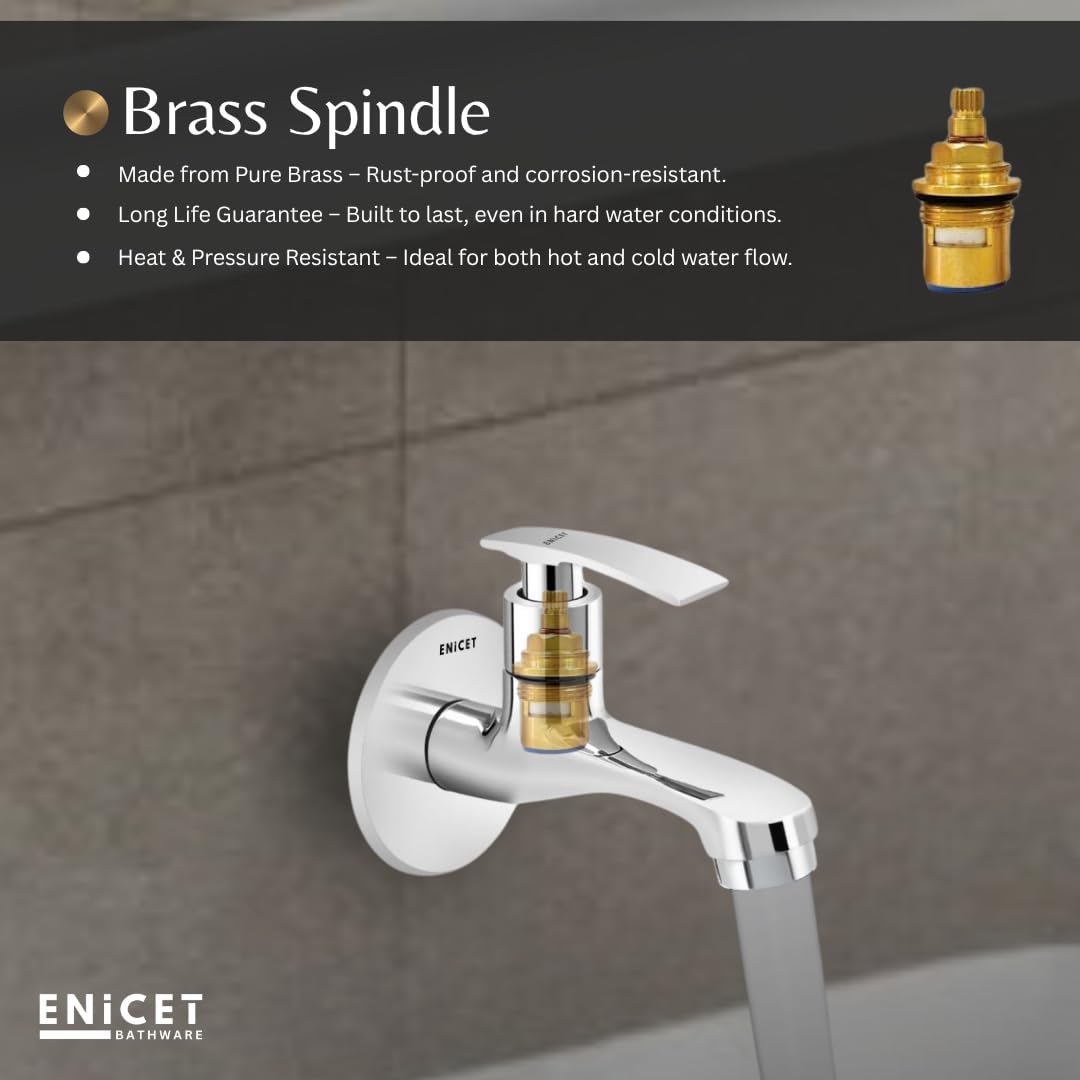 Enicet Brass Bib Cock, Bathroom Tap, with Wall Flange, Chrome Finish, Smooth Operating Handle, Long Lasting Warranty
