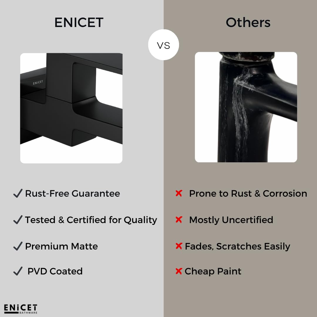 ENICET Brass Tap for Bathroom, with Wall Flange,Brass Bib Cock Short Body, Made Black, 7 Years Warranty, Foam Flow, Bathroom Taps for Home, Water Tap Wall Mounted