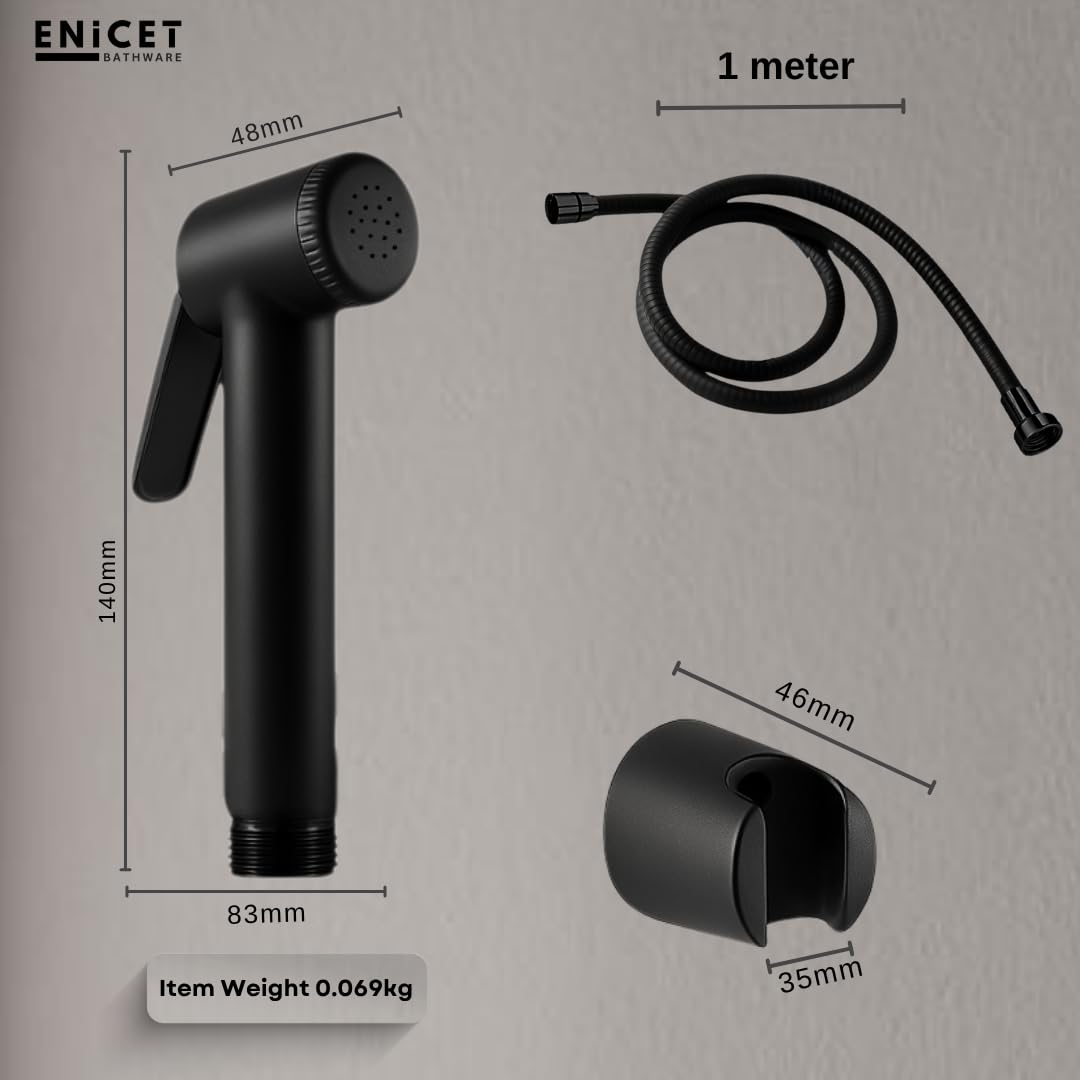 Enicet Health Faucet Gun with 1 Meter Stainless Steel Tube and Holder, Jet Spray for Toilet with Hose and Holder, Hand Jet Bidet Spray for Bathroom, Made Black(AEA180 BLACK)