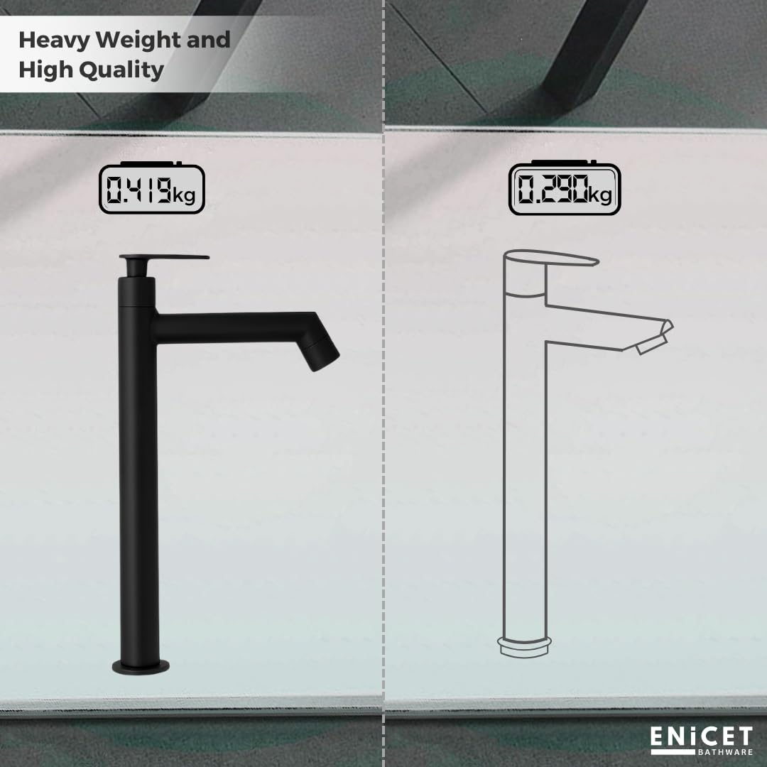 Enicet 12 Inch High Neck Pillar Tap, SS 304, Chrome Finish, 7 Years Warranty, Bathroom Table Top Wash Basin Tap for Home, 12 Inch Tall Extended Body Pillar Cock, Smooth Foam Flow