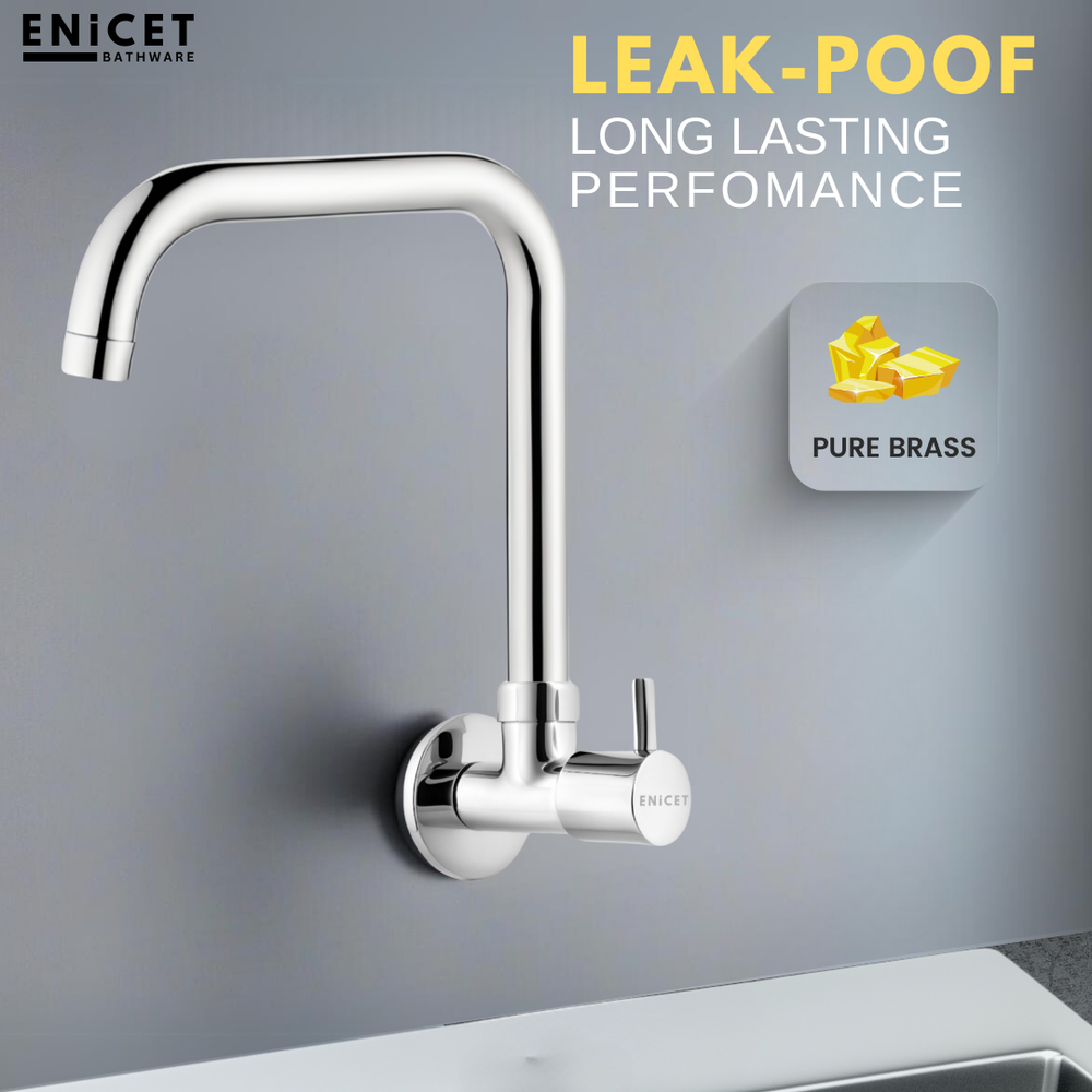 ENICET  Kitchen Sink Cock with Extended Spout, Chrome Finish, Silver, with Wall Flange, 360° Rotating Swivel Spout, Kitchen Sink Tap, Tap for Kitchen Sink, Wall Mount - Enicet Bathware