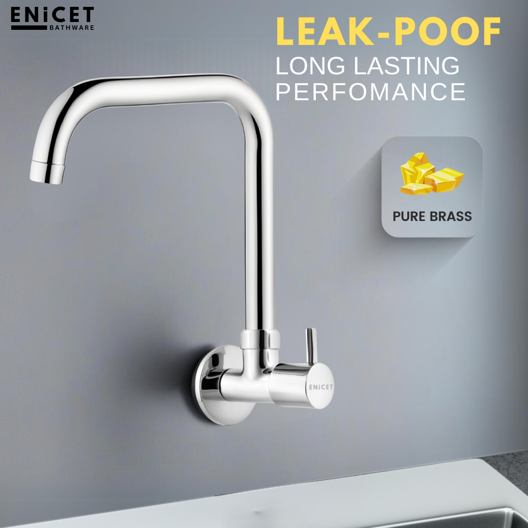 ENICET Sink Cock with Extended Spout, Chrome Finish, Silver, with Wall Flange, 360° Rotating Swivel Spout, Kitchen Sink Tap, Tap for Kitchen Sink, Wall Mount