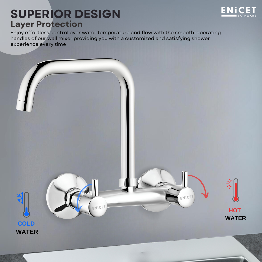 ENICET Sink Mixer with Extended Spout, Chrome Finish, 360 Degree Swinging Swivel Spout, Kitchen Sink Tap Hot and Cold Water Mixer