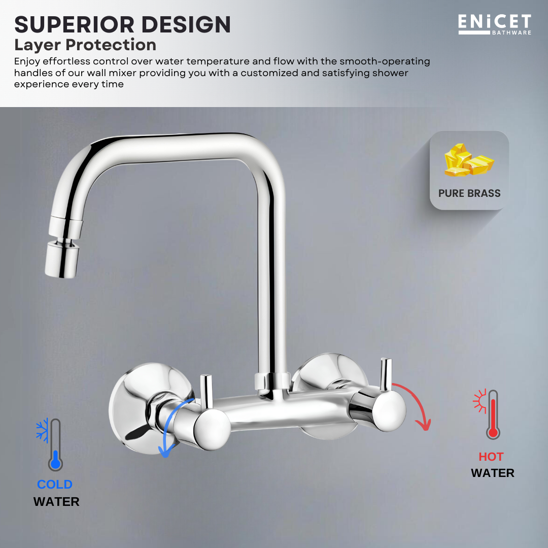 ENICET Sink Mixer with 2 Flow Function, Extended Spout, Chrome Finish, 360 Degree Swinging Swivel Spout, Adjustable Angle Head, Kitchen Sink Mixer Tap