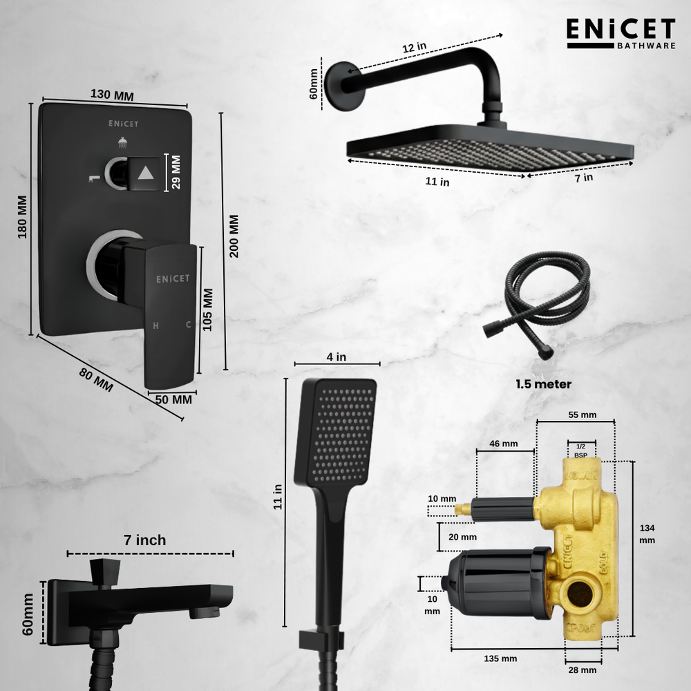ENICET Matte Black Concealed Shower Set with 7X11 Overhead & Hand Shower | Brass Bathroom Fittings - Enicet Bathware