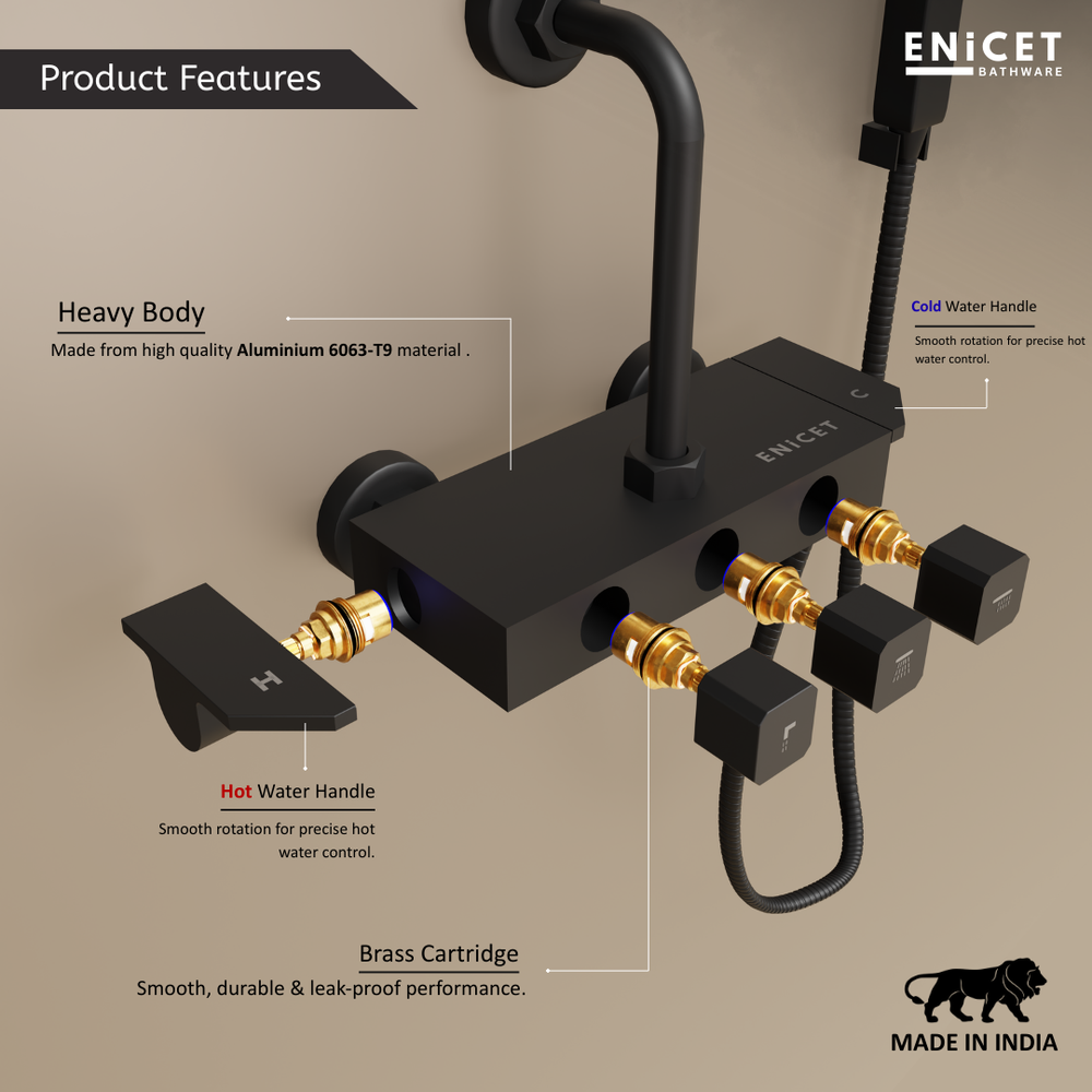 3 in 1 Piano Wall Mixer for Bathroom - ENICET Piano Matte Black Set - Enicet Bathware