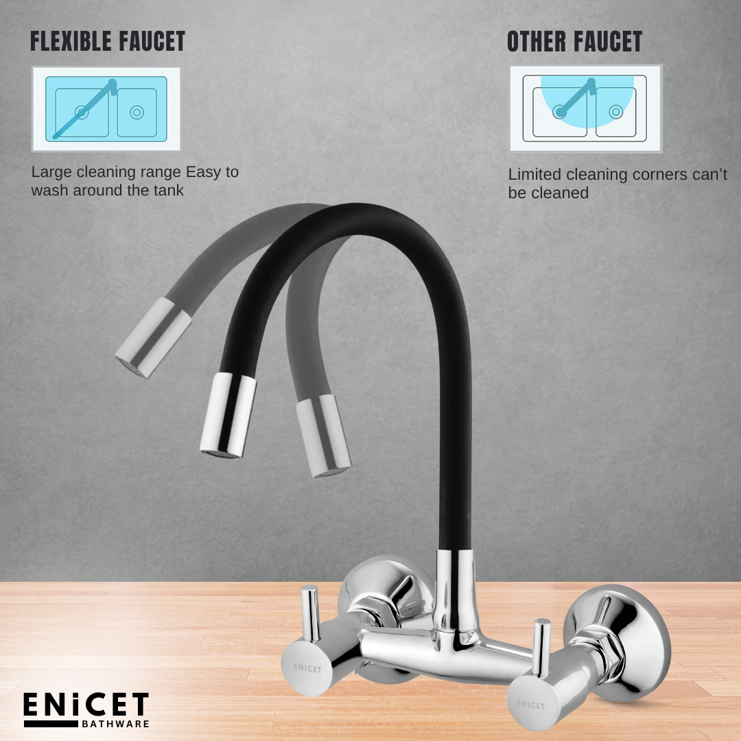ENICET Brass Sink Mixer, Extended Spout, Chrome Finish, 360 Swivel Swinging Spout, 7 Years Warranty, Sink Mixer Tap for Kitchen, Hot and Cold, Kitchen Sink Tap (Flexible spout 1 Flow)