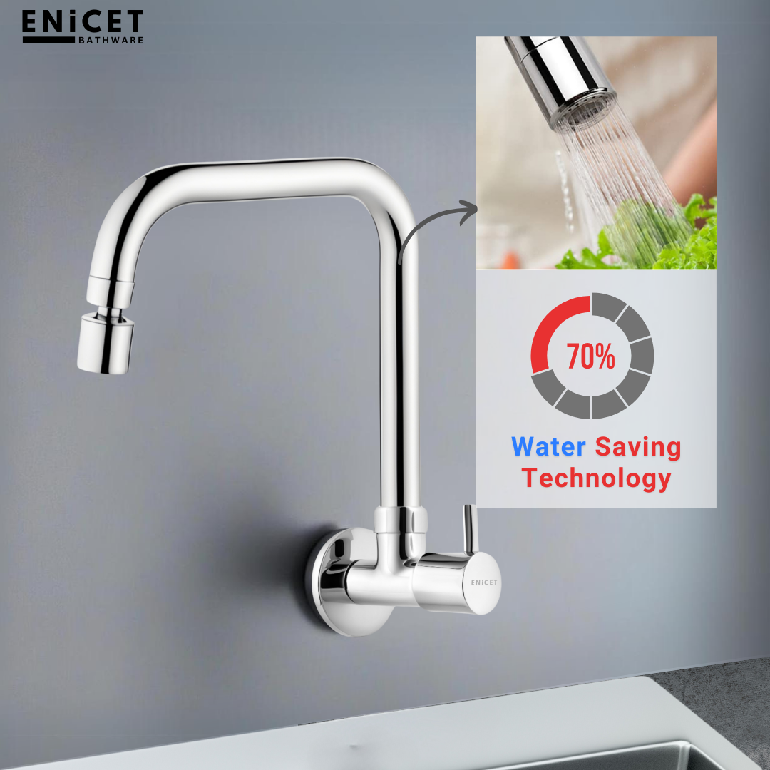 ENICET Sink Cock with 2 Flow Function, Chrome Finish, Silver, with Wall Flange, 360° Rotating Swivel Spout, Adjustable Angle Head, Kitchen Sink Tap, Tap for Kitchen Sink, Dual Flow