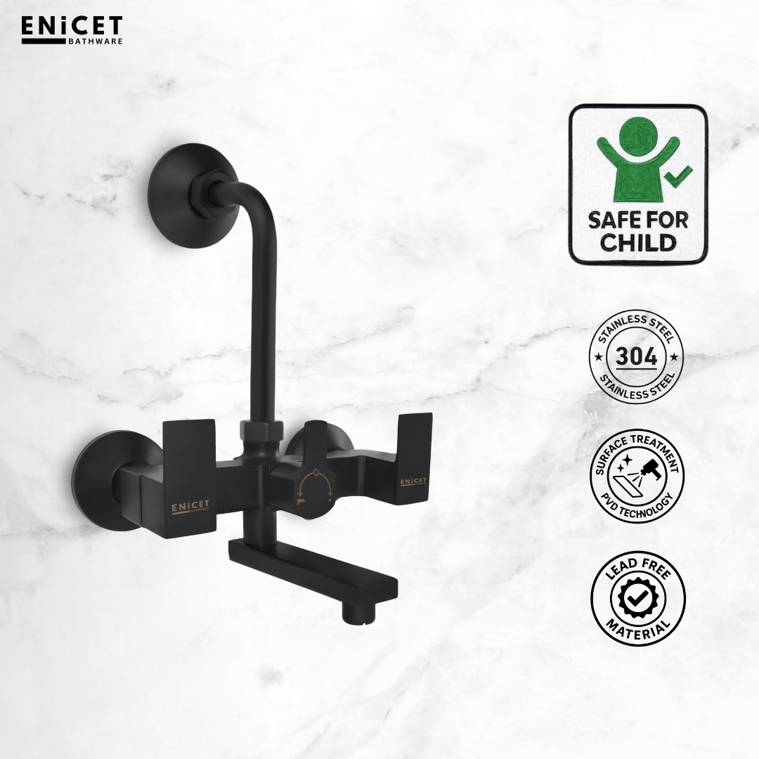 QUBICS Wall Mixer 2 in 1 with Bend | Black Shower Mixer Tap Set for Bathroom | Overhead Shower Use