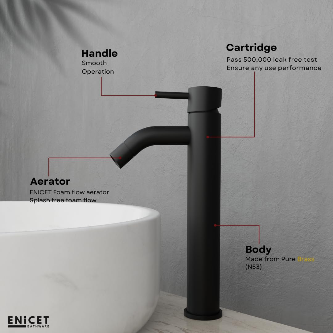 ENICET Brass Single Lever Basin Mixer with Connection Pipe, 12 Inch Tall, Made Black, Hot and Cold Water Mixer Tap, 7 Years Warranty, Bathroom Wash Basin Mixer Tap, Pillar Cock (FE142BLACK)