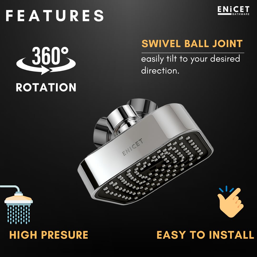 ENICET ABS Shower Head For Bathroom, 4 Inch Overhead Rain Shower, Soft Easy To Clean Rubber Nozzles, Without Arm, High Pressure Round Sawar, 1 Year Warranty (4 INCH SQUARE BLACk)
