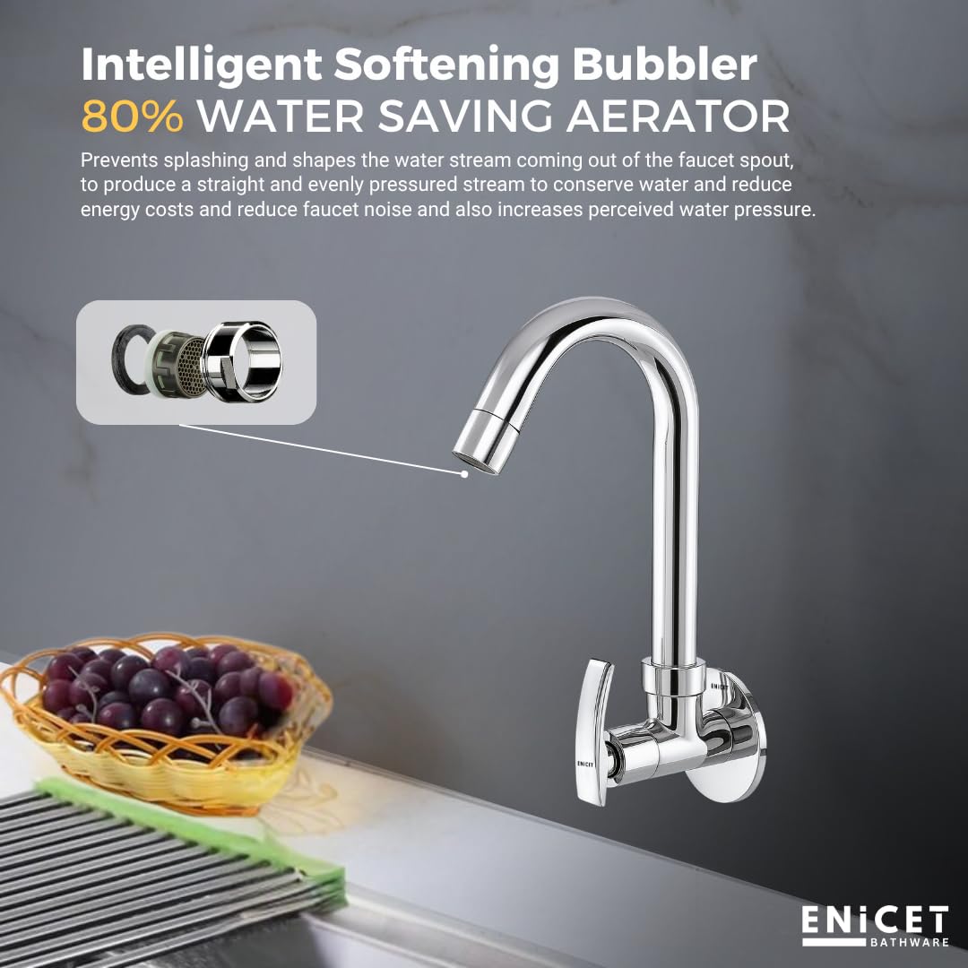 ENICET Sink Cock with Extended Spout, Chrome Finish, Silver, with Wall Flange, 360 Swivel Spout, Adjustable Angle Head, Kitchen Sink Tap, Tap for Kitchen Sink