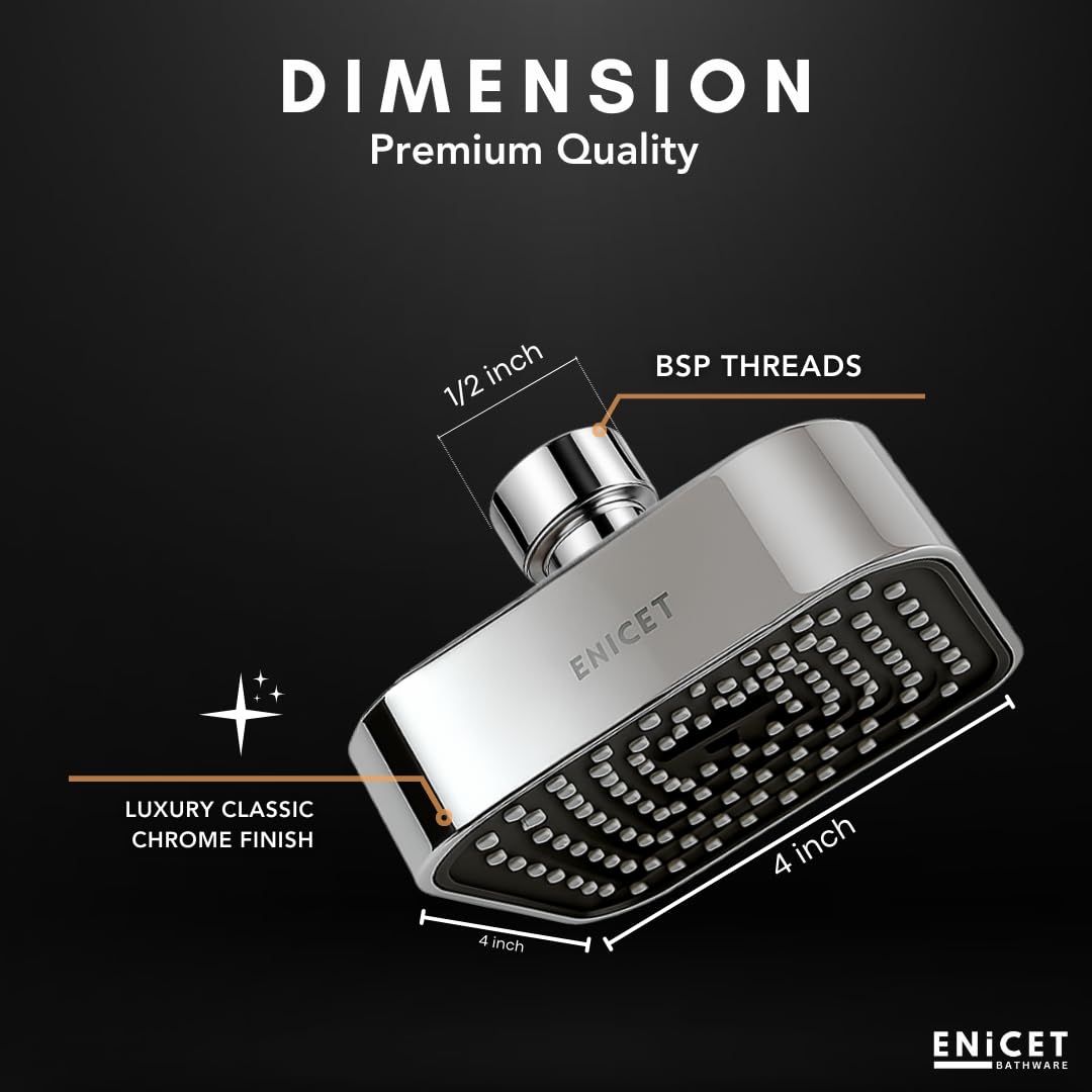 ENICET ABS Shower Head For Bathroom, 4 Inch Overhead Rain Shower, Soft Easy To Clean Rubber Nozzles, Without Arm, High Pressure Round Sawar, 1 Year Warranty (4 INCH SQUARE BLACk)