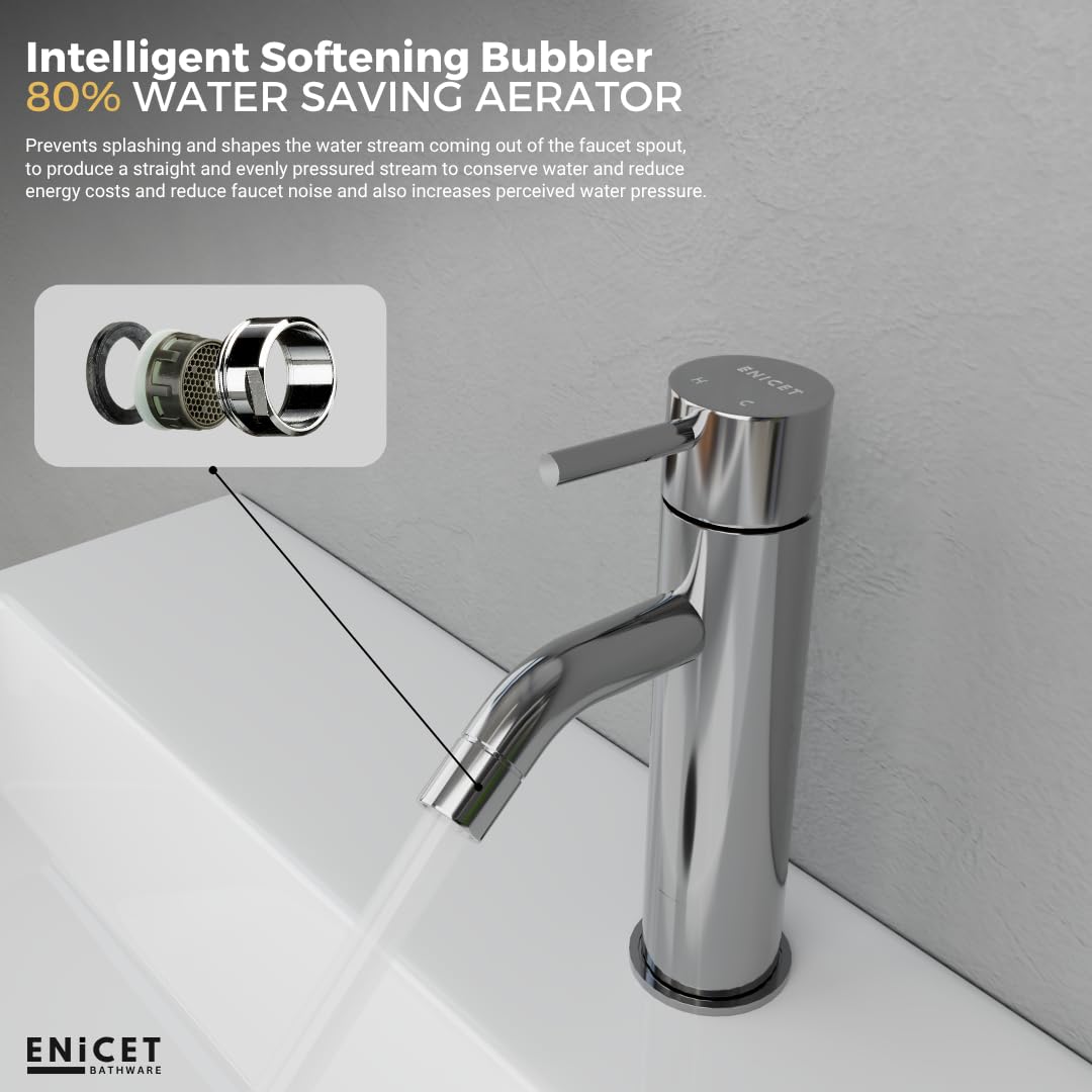 ENICET Brass Single Lever Basin Mixer with Connection Pipe, Chrome Finish, Hot and Cold Water Mixer Tap, 7 Years Warranty, Bathroom Wash Basin Mixer Tap, Pillar Cock (FE140)