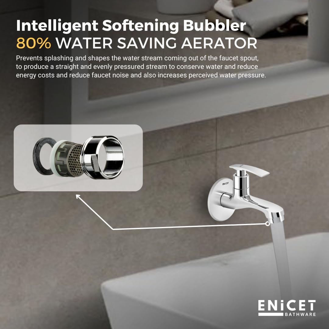 ENICET Brass Tap for Bathroom, with Wall Flange, Bib Cock Short Body, Chrome Finish, 7 Years Warranty, Foam Flow, Bathroom Taps for Home, Water Tap Wall Mounted