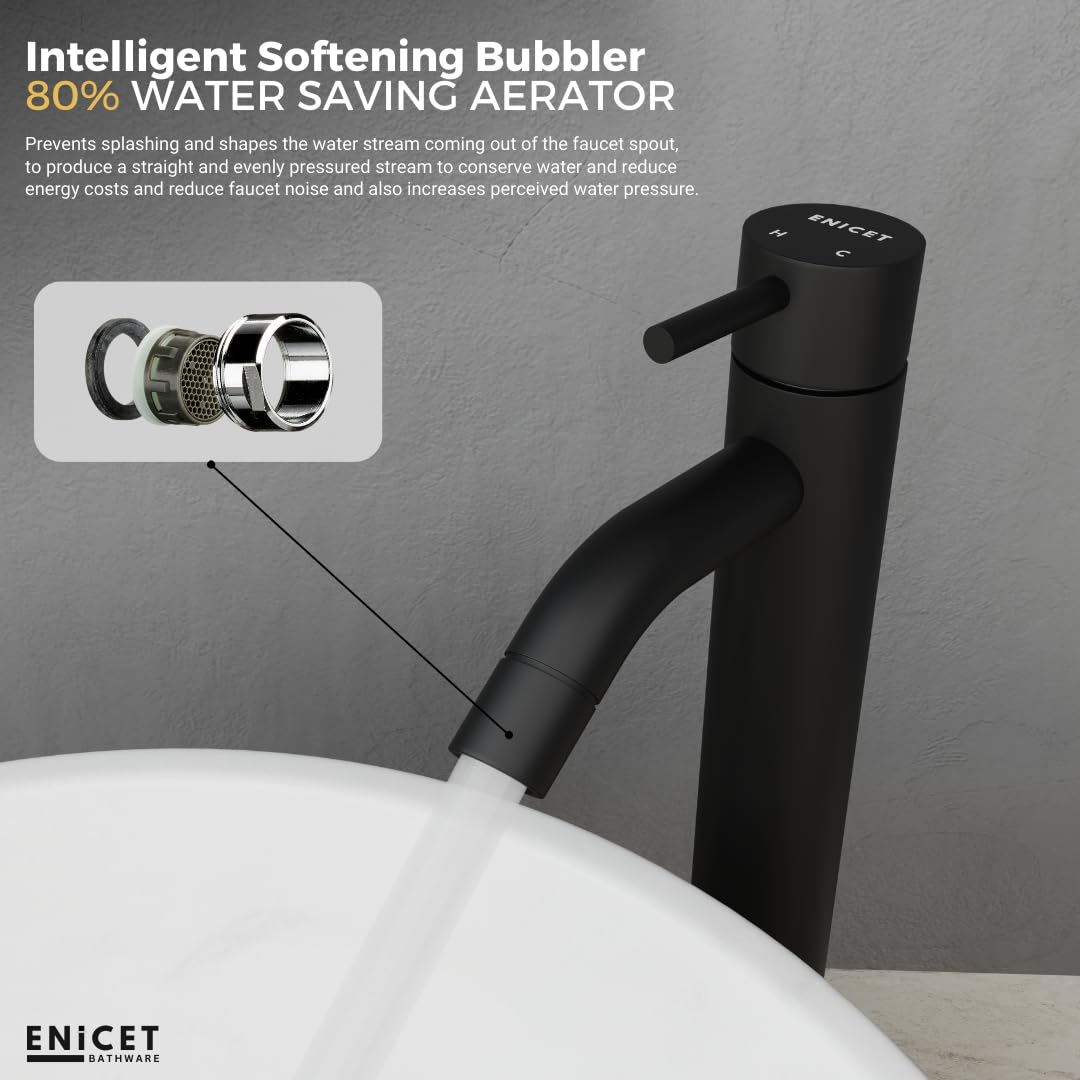 ENICET Brass Single Lever Basin Mixer with Connection Pipe, 12 Inch Tall, Made Black, Hot and Cold Water Mixer Tap, 7 Years Warranty, Bathroom Wash Basin Mixer Tap, Pillar Cock (FE142BLACK)