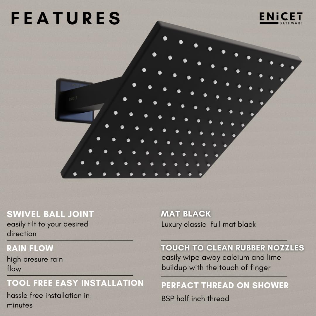 Enicet Shower With Arm, High Pressure Shower, Stainless Steel, Shower Head For Bathroom, Bathroom Shower Set Made Black 6X6
