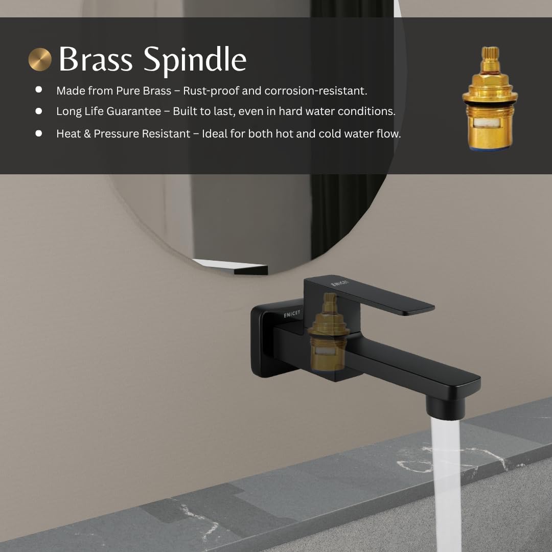 ENICET Black Wall Mounted Bathroom Tap, Brass Bib Cock with Extra Long Body, Modern Lever Handle, 7 Years Warranty