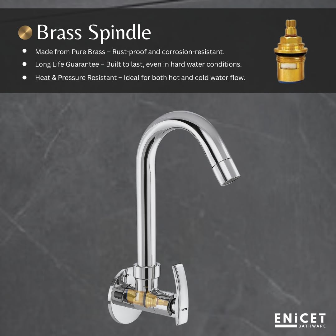 ENICET Sink Cock with Extended Spout, Chrome Finish, Silver, with Wall Flange, 360 Swivel Spout, Adjustable Angle Head, Kitchen Sink Tap, Tap for Kitchen Sink