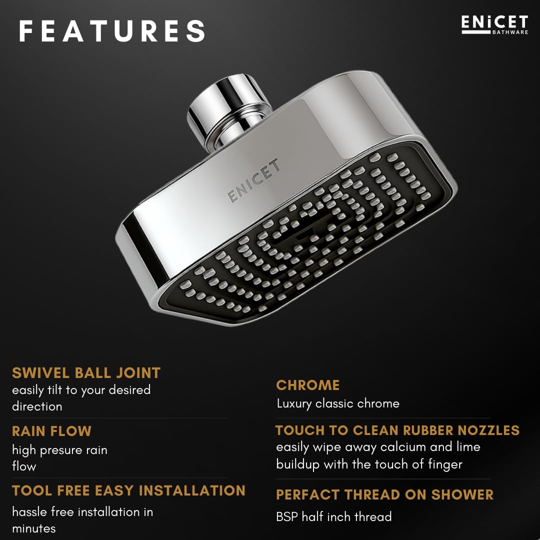 ENICET ABS Shower Head For Bathroom, 4 Inch Overhead Rain Shower, Soft Easy To Clean Rubber Nozzles, Without Arm, High Pressure Round Sawar, 1 Year Warranty (4 INCH SQUARE BLACk)