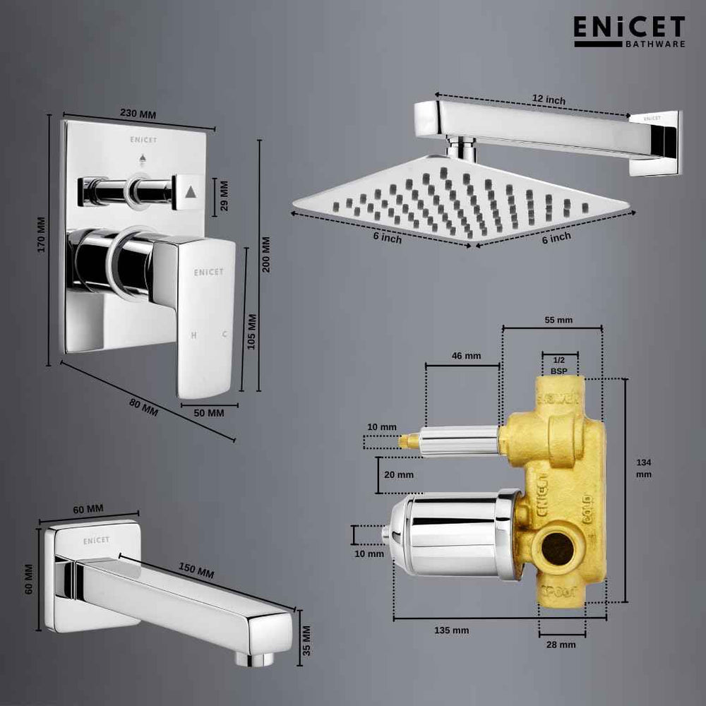 Enicet High Flow Single Lever Diverter Set, 6 Inch Overhead Shower Shower, Rain Flow Overhead Shower,rust-resistant, Chrome Plated, Bathroom Shower System, Bathroom Mixer Tap, Full Set