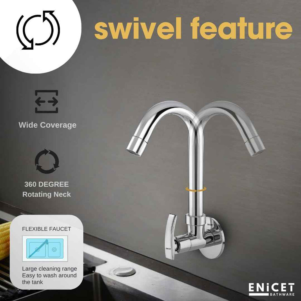 ENICET Sink Cock with Extended Spout, Chrome Finish, Silver, with Wall Flange, 360 Swivel Spout, Adjustable Angle Head, Kitchen Sink Tap, Tap for Kitchen Sink