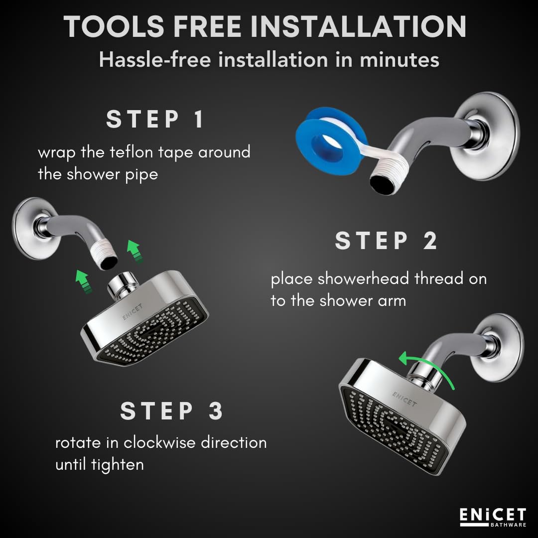 ENICET ABS Shower Head For Bathroom, 4 Inch Overhead Rain Shower, Soft Easy To Clean Rubber Nozzles, Without Arm, High Pressure Round Sawar, 1 Year Warranty (4 INCH SQUARE BLACk)