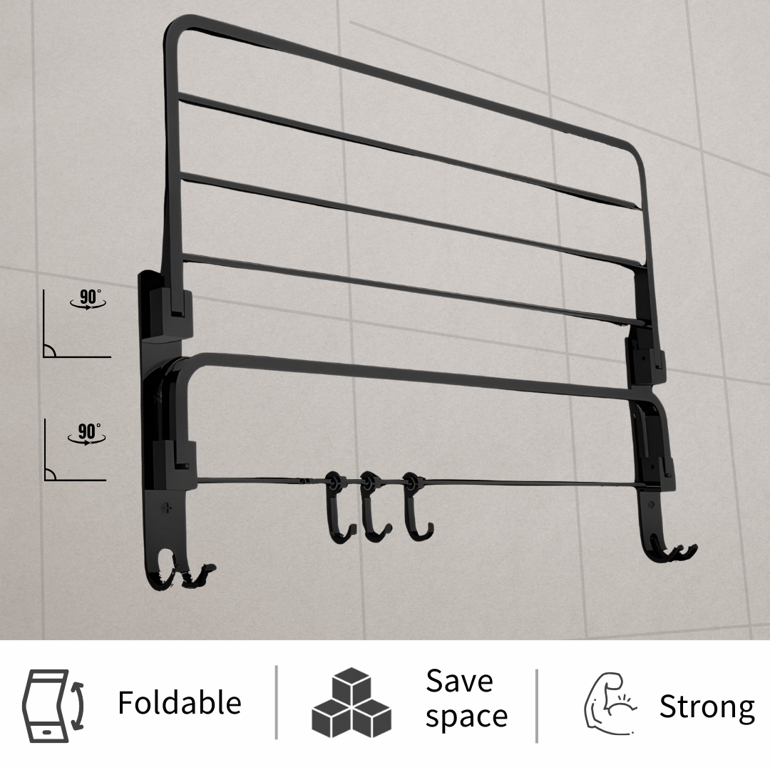 ENICET Stainless Steel Towel Rack for Bathroom, Matte Black, 24 Inch, SS-304, Folding Towel Holder Set, Bathroom Accessories Set,  Bathroom Towel Hanger Stand for Clothes, Towel Rod Bar