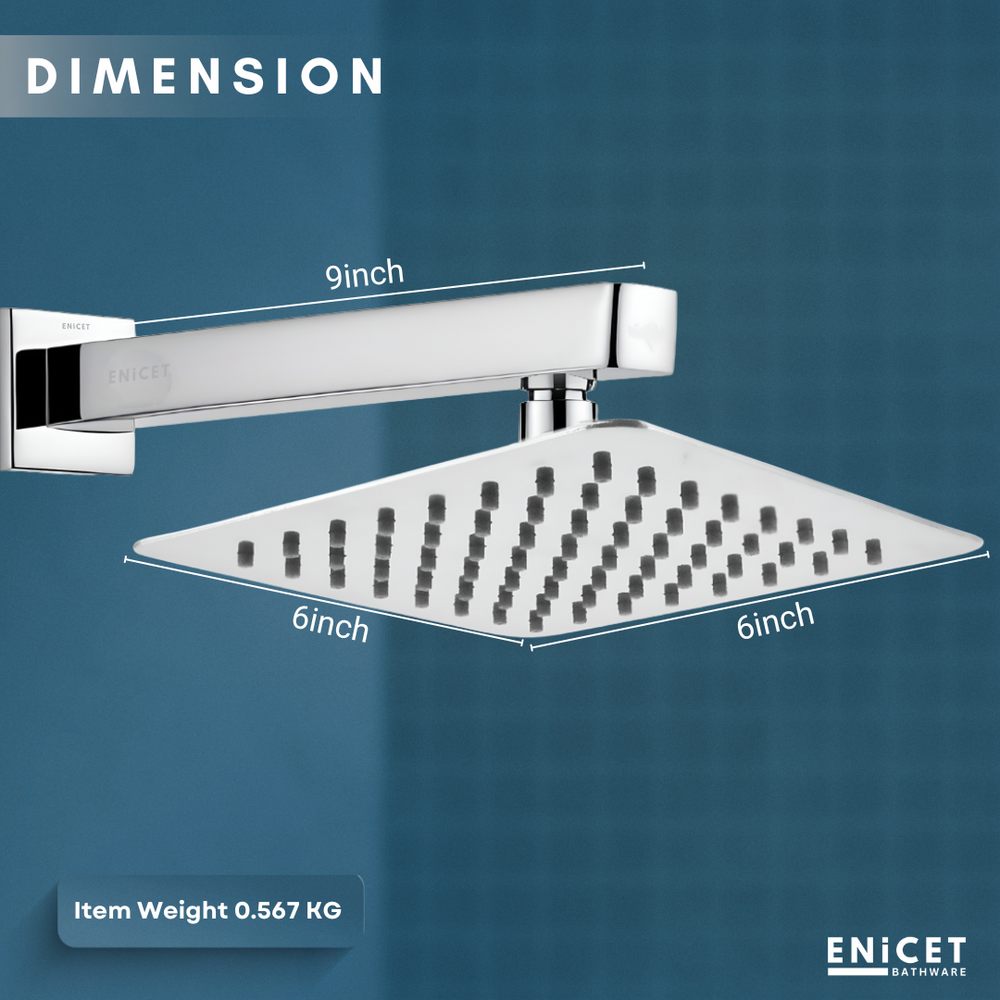 Enicet 6 Inch Rainfall Shower Head with Arm - Ultra Slim SS304 - Enicet Bathware