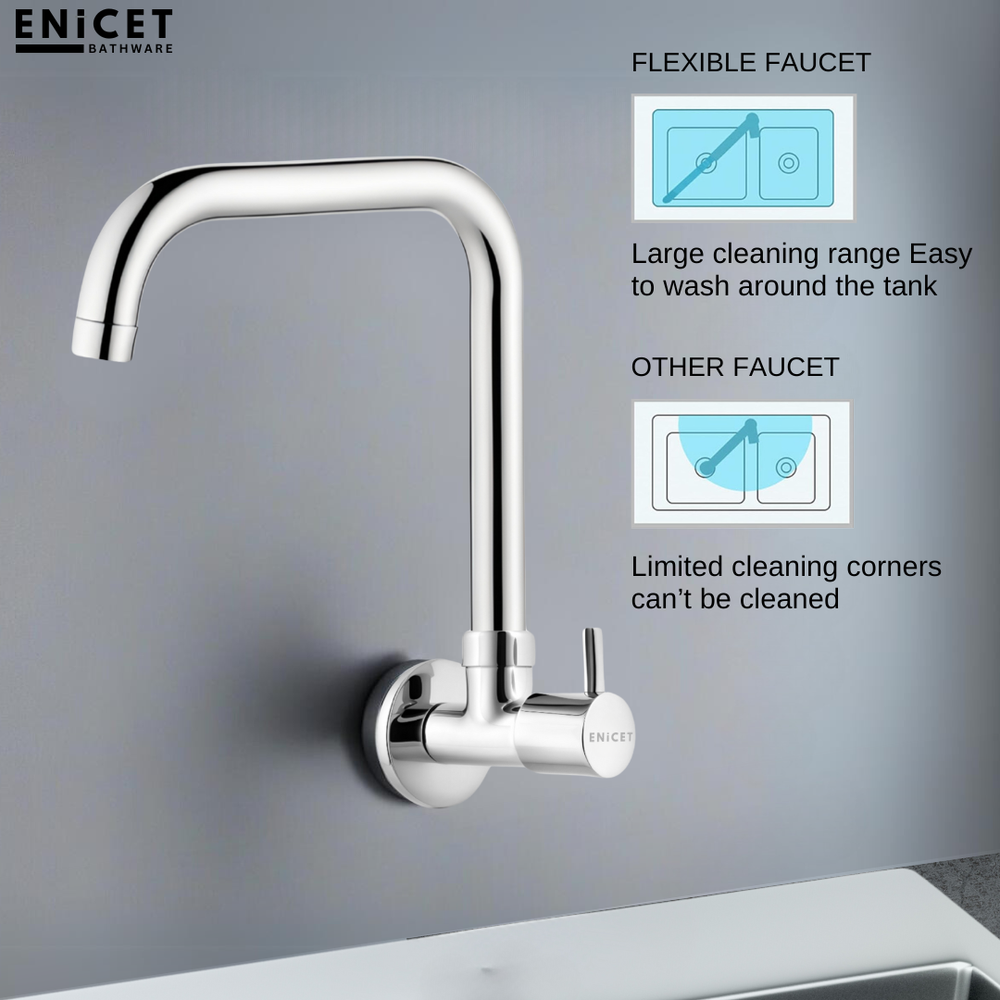 ENICET  Kitchen Sink Cock with Extended Spout, Chrome Finish, Silver, with Wall Flange, 360° Rotating Swivel Spout, Kitchen Sink Tap, Tap for Kitchen Sink, Wall Mount - Enicet Bathware