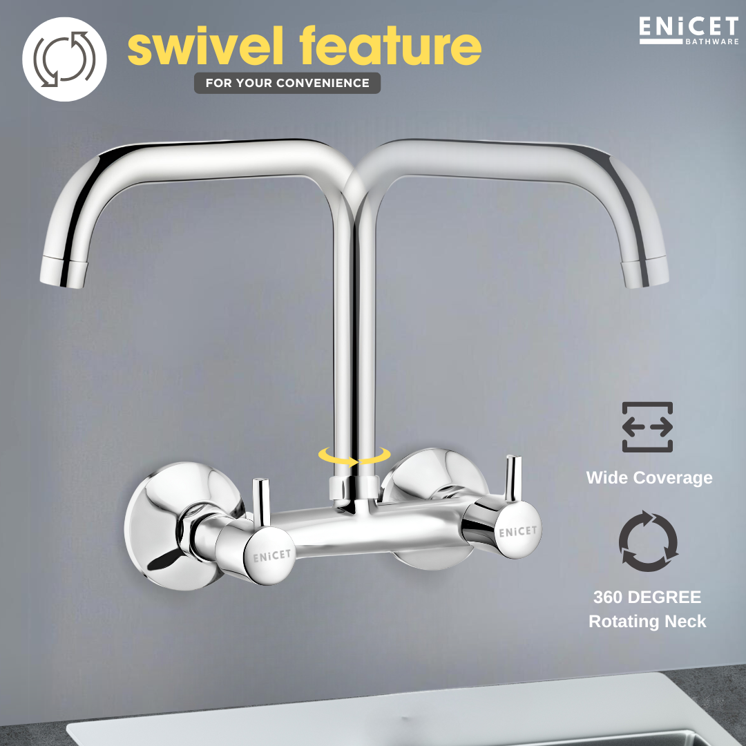 ENICET Sink Mixer with Extended Spout, Chrome Finish, 360 Degree Swinging Swivel Spout, Kitchen Sink Tap Hot and Cold Water Mixer