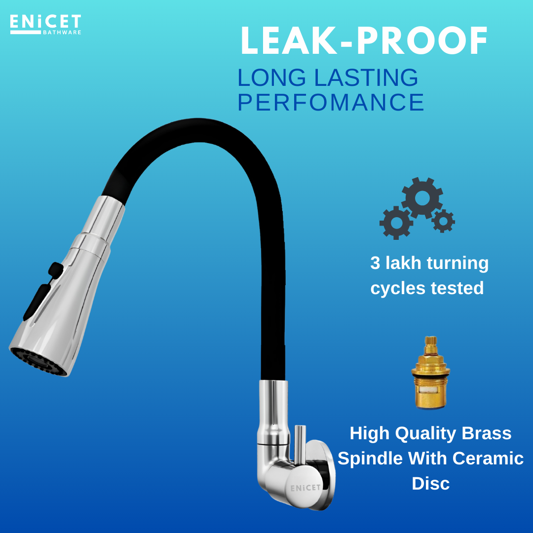Enicet Flexible Neck Sink Tap for Kitchen, Wall Mount Side Sink Tap, Chrome Finish, 3 Flow Function, 360 Swinging Swivel Spout, rust-resistant, Kitchen Sink Tap,