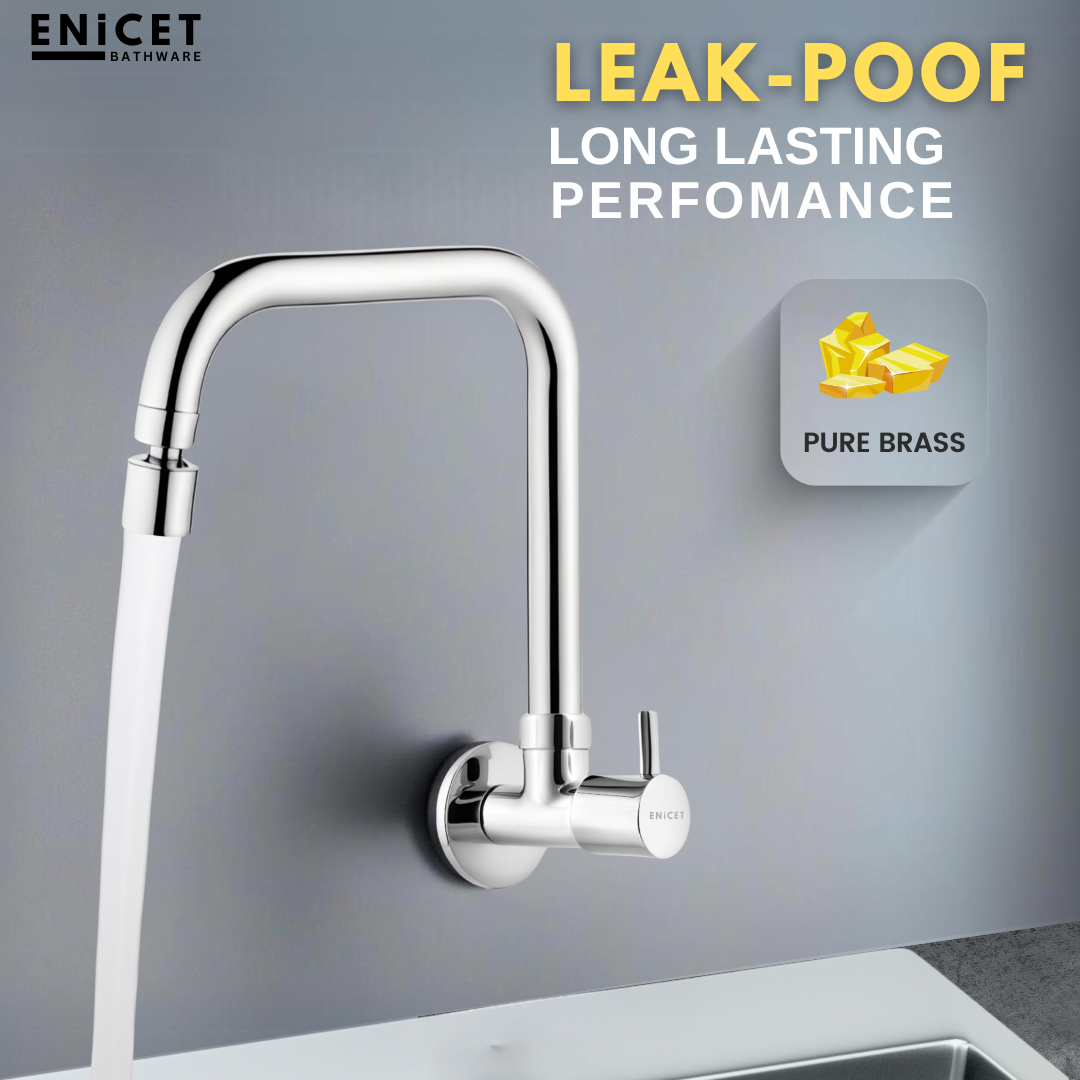 ENICET Sink Cock with 2 Flow Function, Chrome Finish, Silver, with Wall Flange, 360° Rotating Swivel Spout, Adjustable Angle Head, Kitchen Sink Tap, Tap for Kitchen Sink, Dual Flow