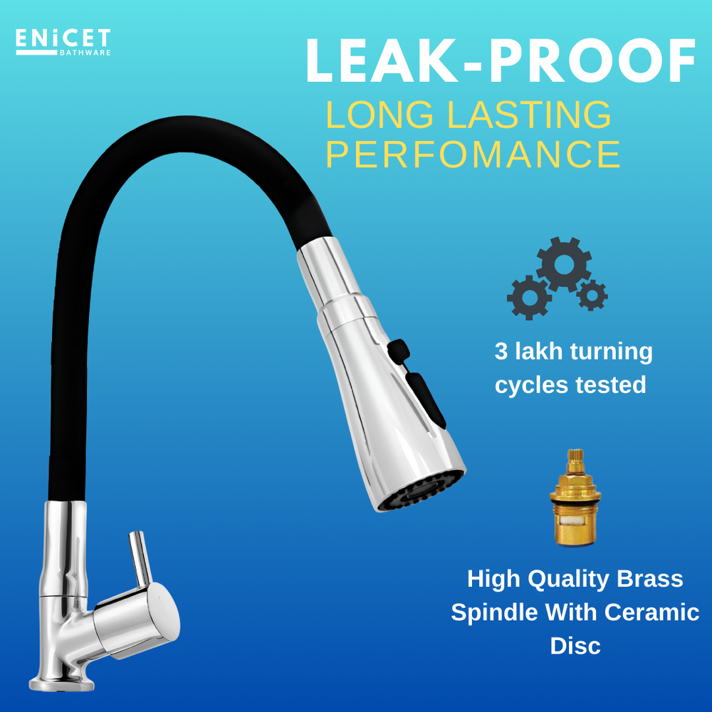 Enicet Flexible Swan Neck Pillar Tap for Kitchen, 3 Flow Function, 360 Swinging Swivel Spout, Brass Build,Chrome Finish, Kitchen Sink Tap, Flexible Neck, Deck Mount - Enicet Bathware