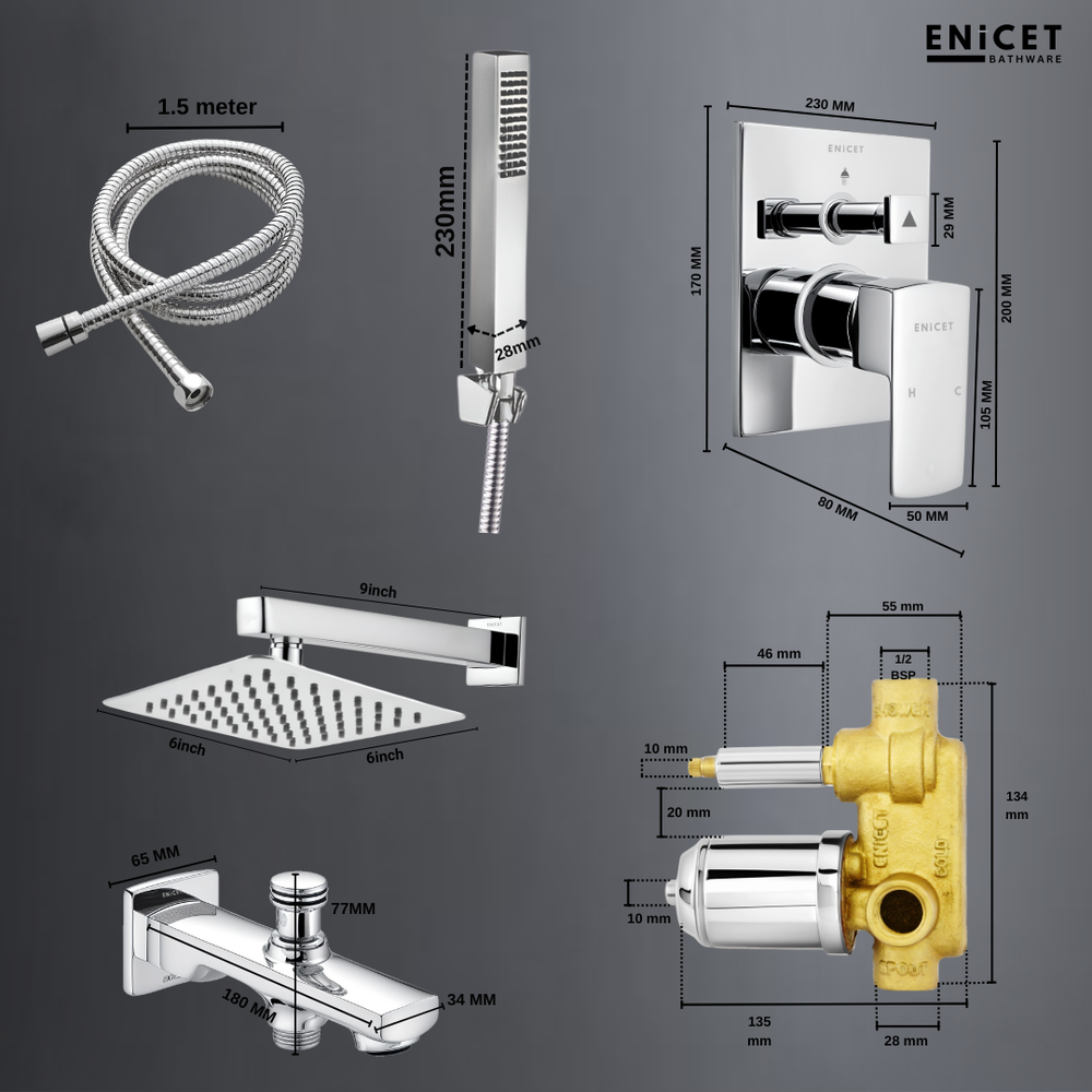 Enicet Single Lever Diverter Set with Spout, 6 Inch Overhead Shower & Hand Shower, High Flow, Rust-Resistant, Chrome Plated Bathroom Shower Set - Enicet Bathware