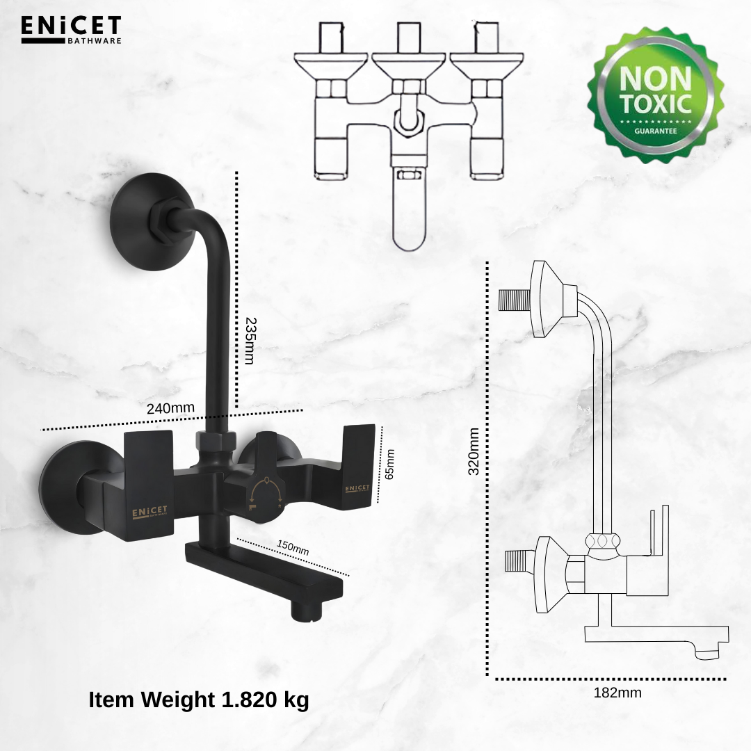 QUBICS Wall Mixer 2 in 1 with Bend | Black Shower Mixer Tap Set for Bathroom | Overhead Shower Use